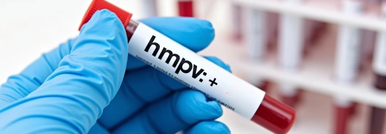 Gloved hand holding a blood sample labeled HMPV+