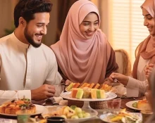 (Arab family sharing a nutritious meal, emphasizing healthy eating during Ramadan)