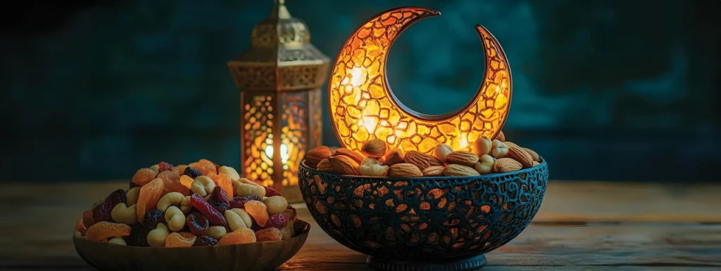 Ramadan lantern with crescent moon and bowls of dates and nuts on a table