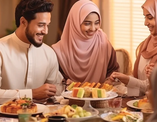 (Arab family sharing a nutritious meal, emphasizing healthy eating during Ramadan)