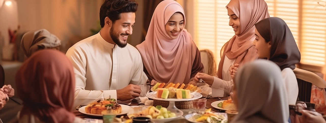 (Arab family sharing a nutritious meal, emphasizing healthy eating during Ramadan)