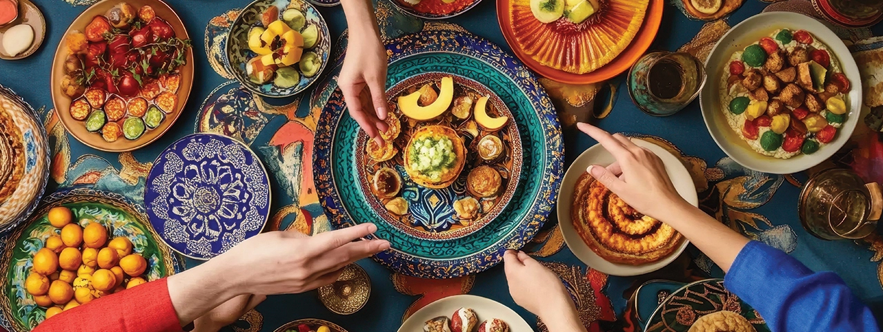 A traditional iftar foods spread with dates, nuts, and salads for a balanced meal.