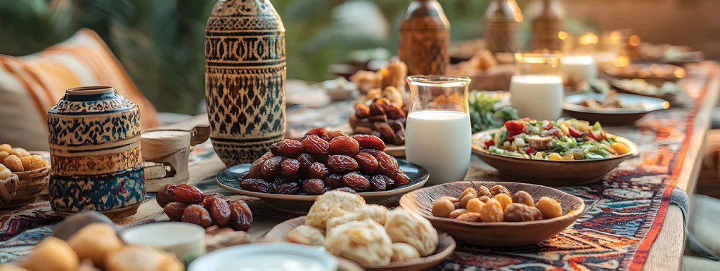 Iftar foods feast with fruits and appetizers for Ramadan gatherings