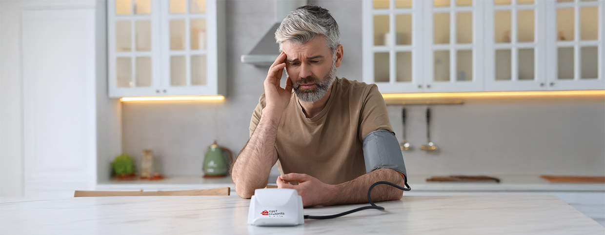 A middle-aged man checking his blood pressure at home and looks worried