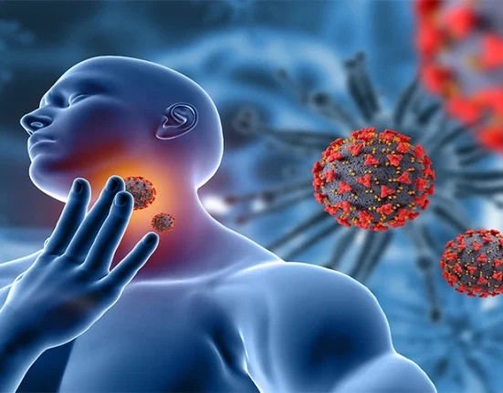 An illustration with a sore throat, likely due to tonsillitis