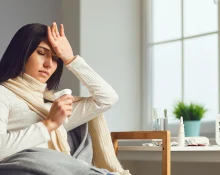 A woman checking her forehead for fever